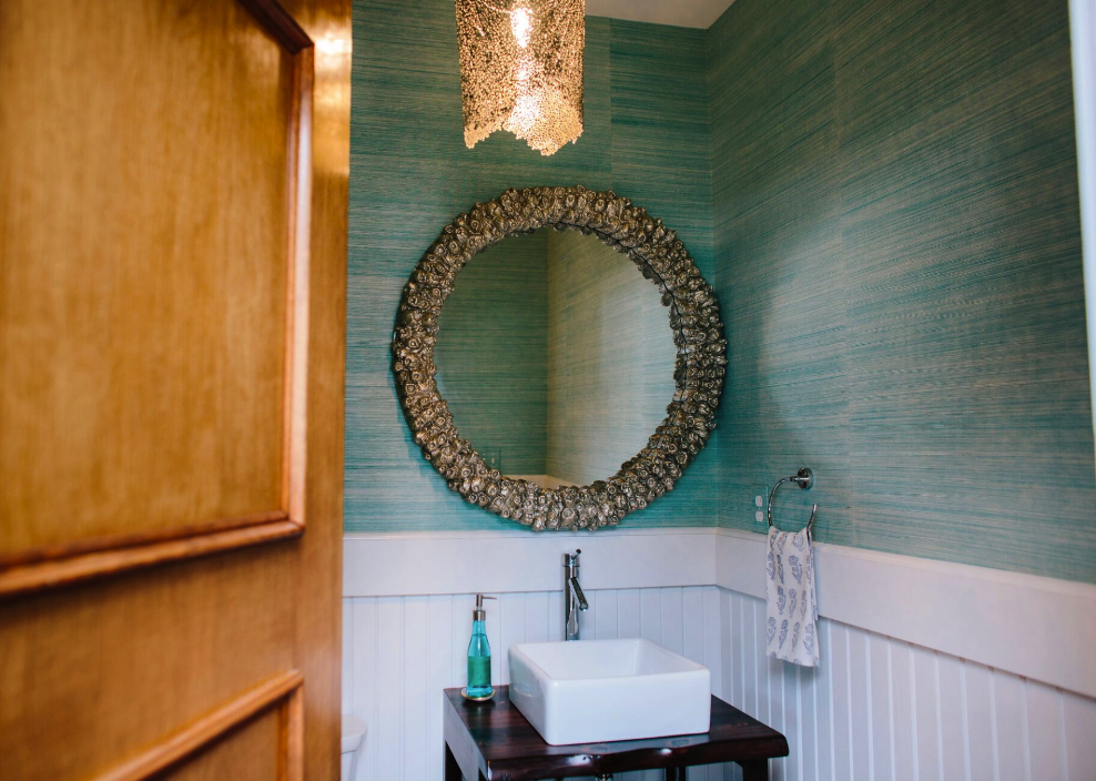 White and Gold Bathroom with Blue Grasscloth Wallpaper  Transitional   Bathroom