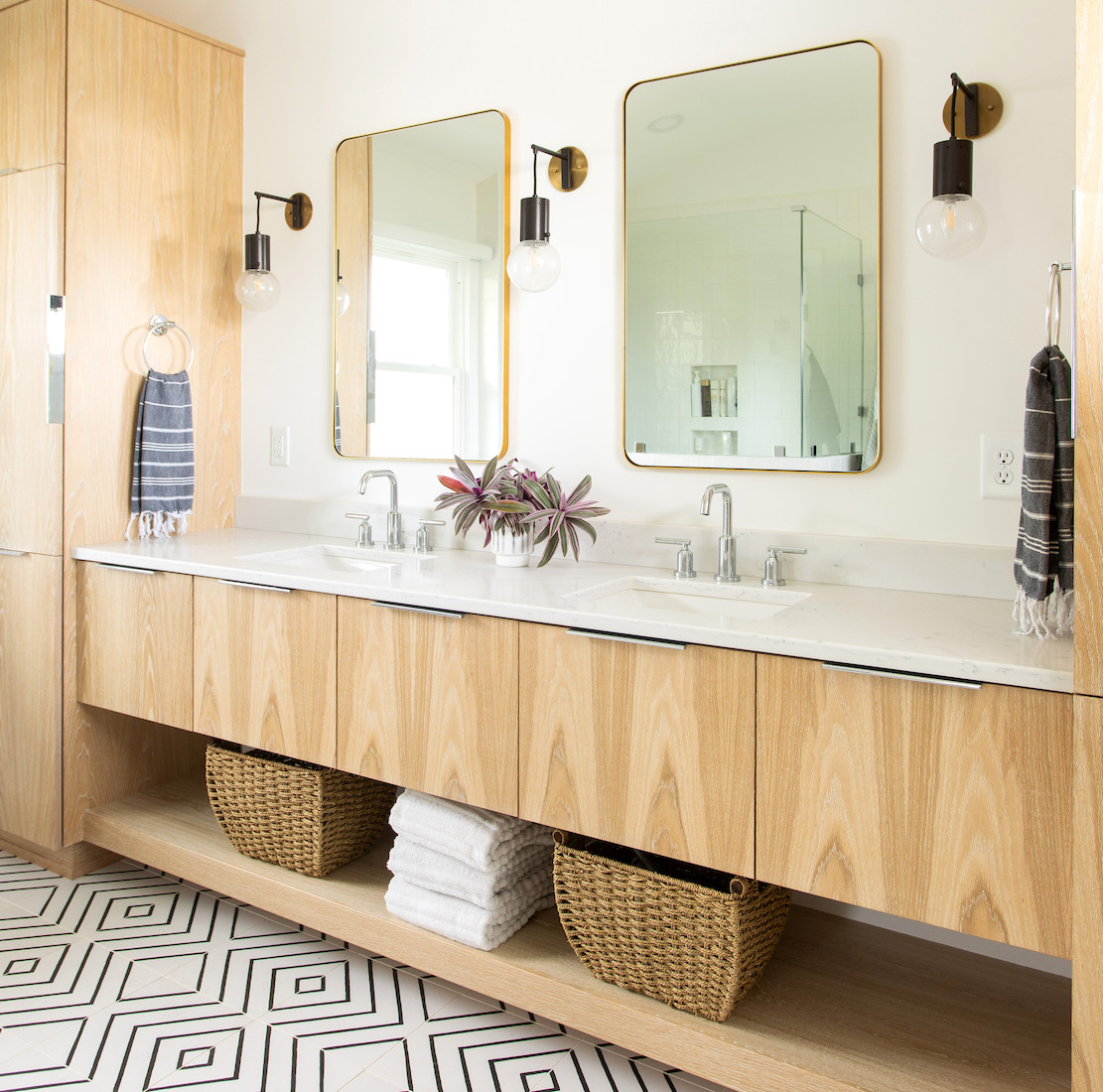 bathroom-vanity-design-two-sinks-geometric-black-and-white-floor